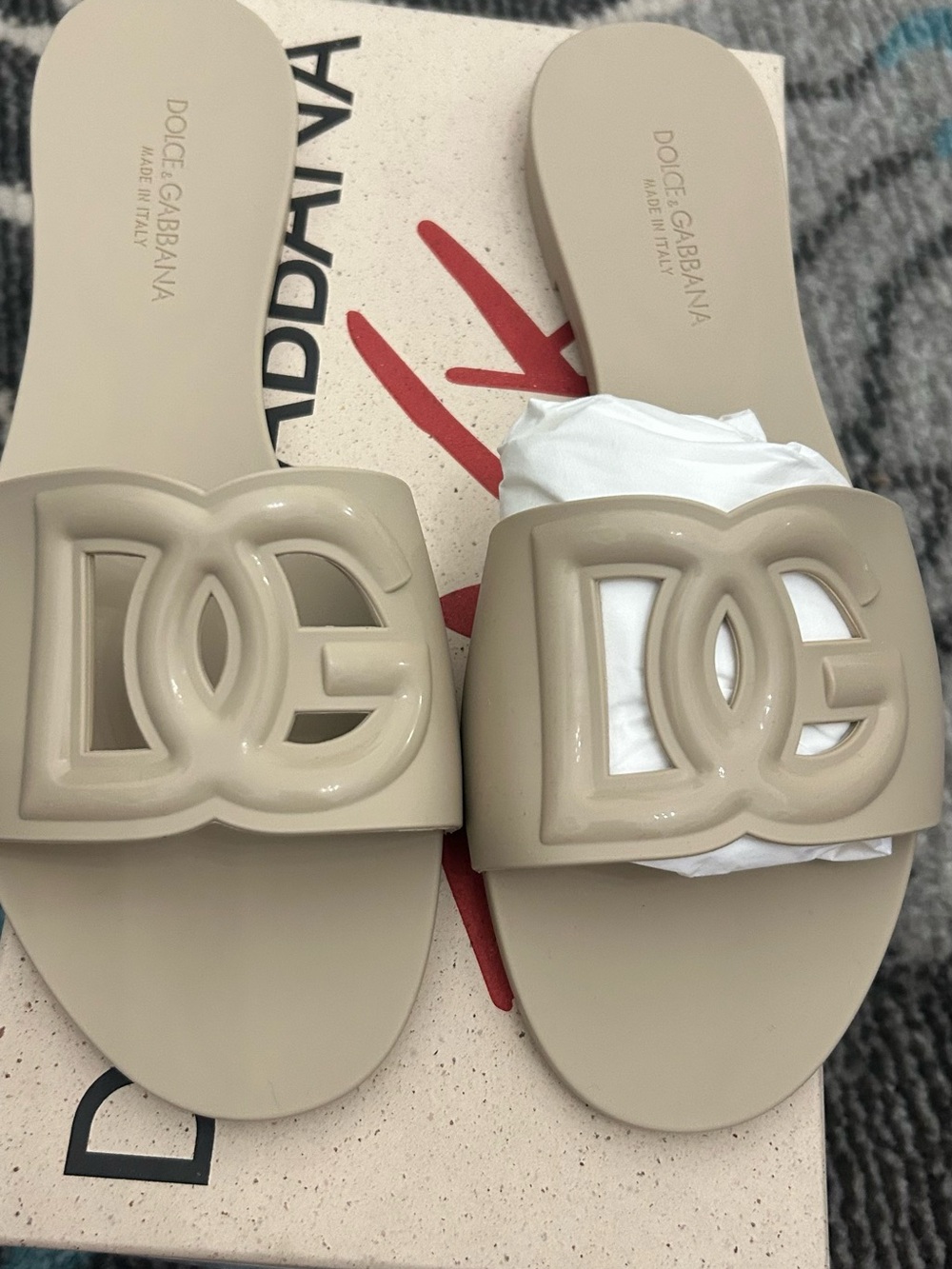 NWT Dolce & Gabbana Beige Logo Leather Slide Sandals - Picture 5 of 7